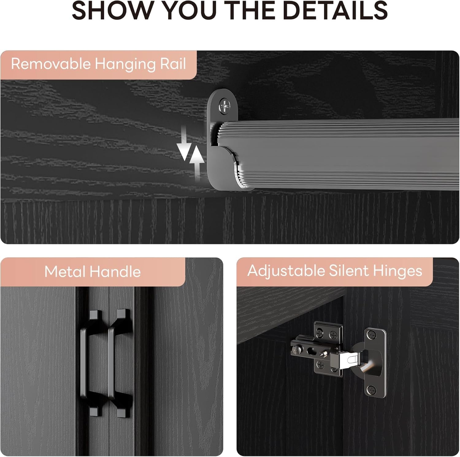 Armoire Wardrobe Closet with 2 Doors and 2 Drawers 70" H X 28" W Wooden Bedroom Freestanding Wardrobe Combination for Hanging Clothes, Black