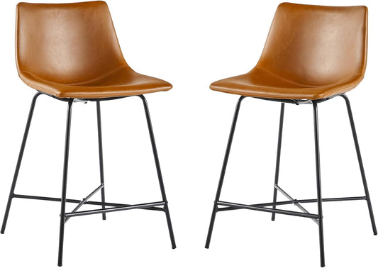 Xuma Modern Faux Leather Armless Low Back Counter Stool, Set of 2, Whiskey Brown