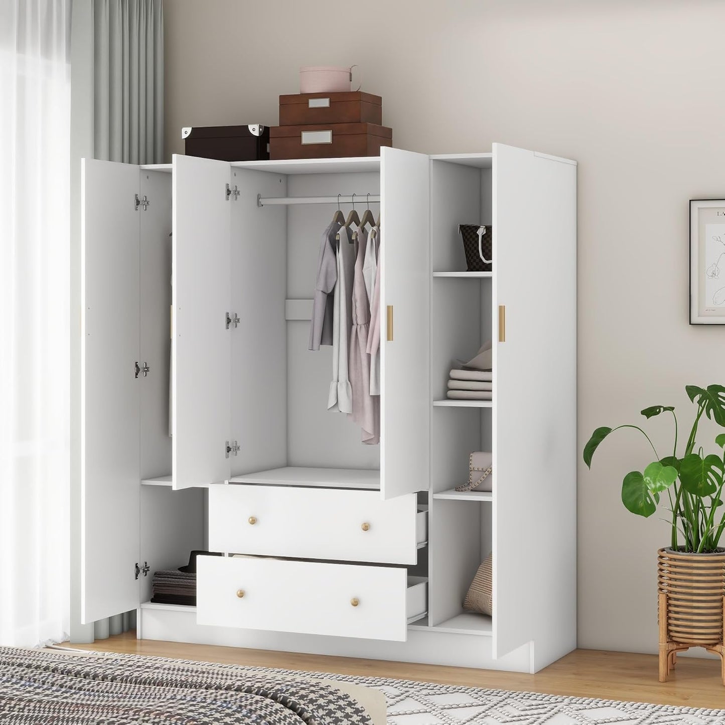 Bedroom Armoires Wardrobe Closet with 4 Doors 2 Drawers and Mirror, Large Shelves Hanging Rods for Bedroom, 62.7" W X 19.7" D X 70.8" H