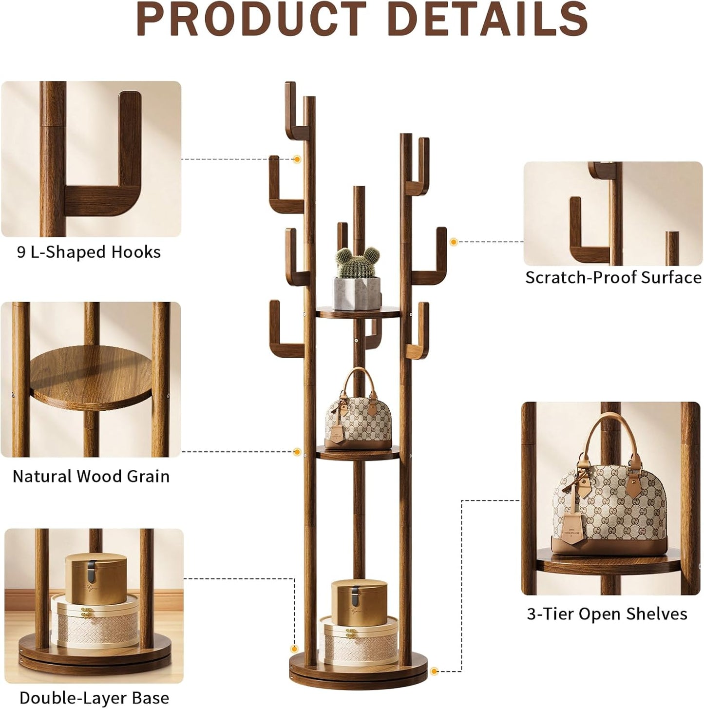 Rotary Coat Rack Freestanding - Solid Wood Coat Tree with 9 Hooks & 3 Storage Shelves for Purse, Bag, Jacket, Hat, Corner Hanger Stand Racks for Hall, Entryway, Office, Modern Clothes Holder