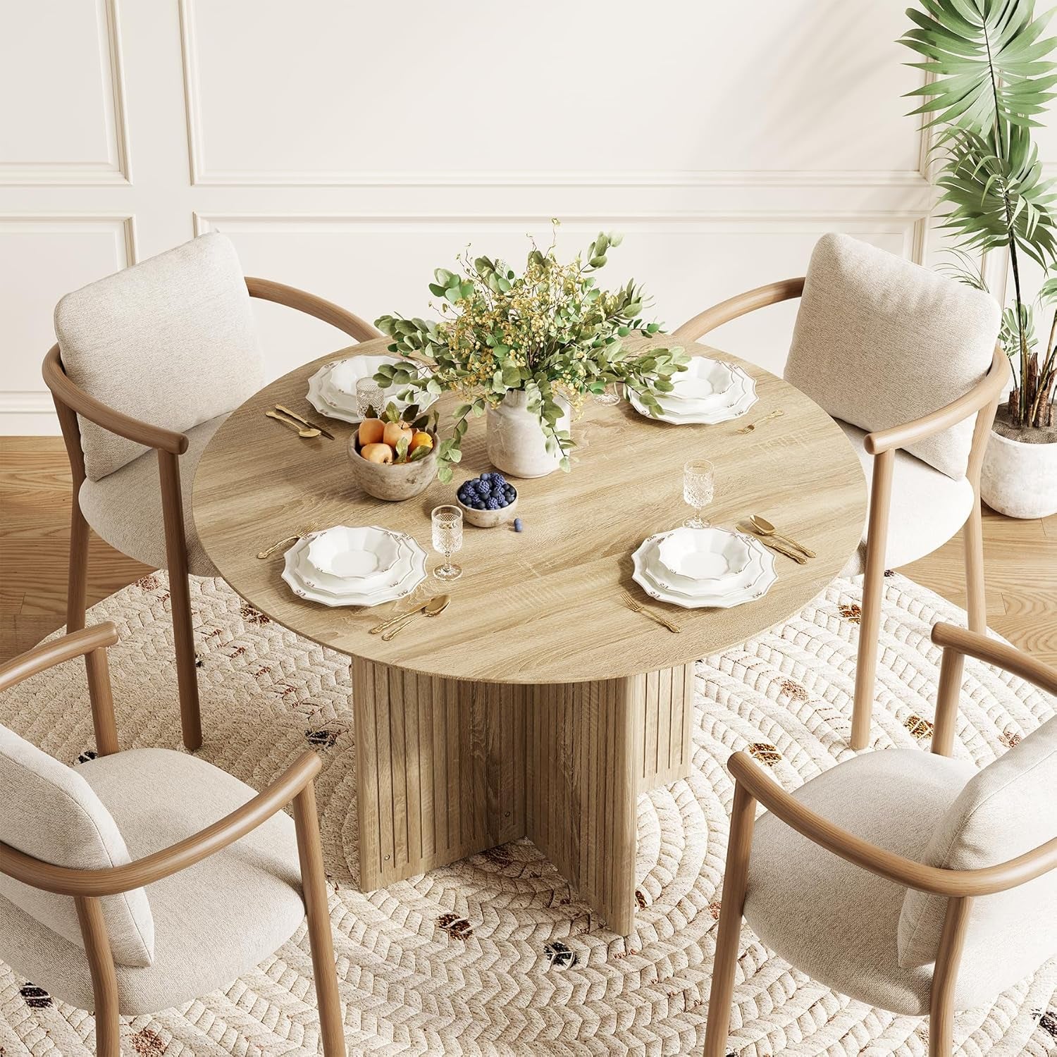 round Dining Table for 4-6 People, Modern Wooden Kitchen Table with Pedestal Base, Small Dinner Table for Dining Room, Kitchen, Living Room