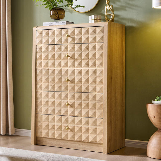 Modern 5 Drawer Dresser for Bedroom, Wooden Tall Dressers &Chests of Drawers W/Two Different Drawer Sizes, Mid Century Modern Dresser W/Diamond Panel Decorate for Bedroom,Curved Profile Design,Natural