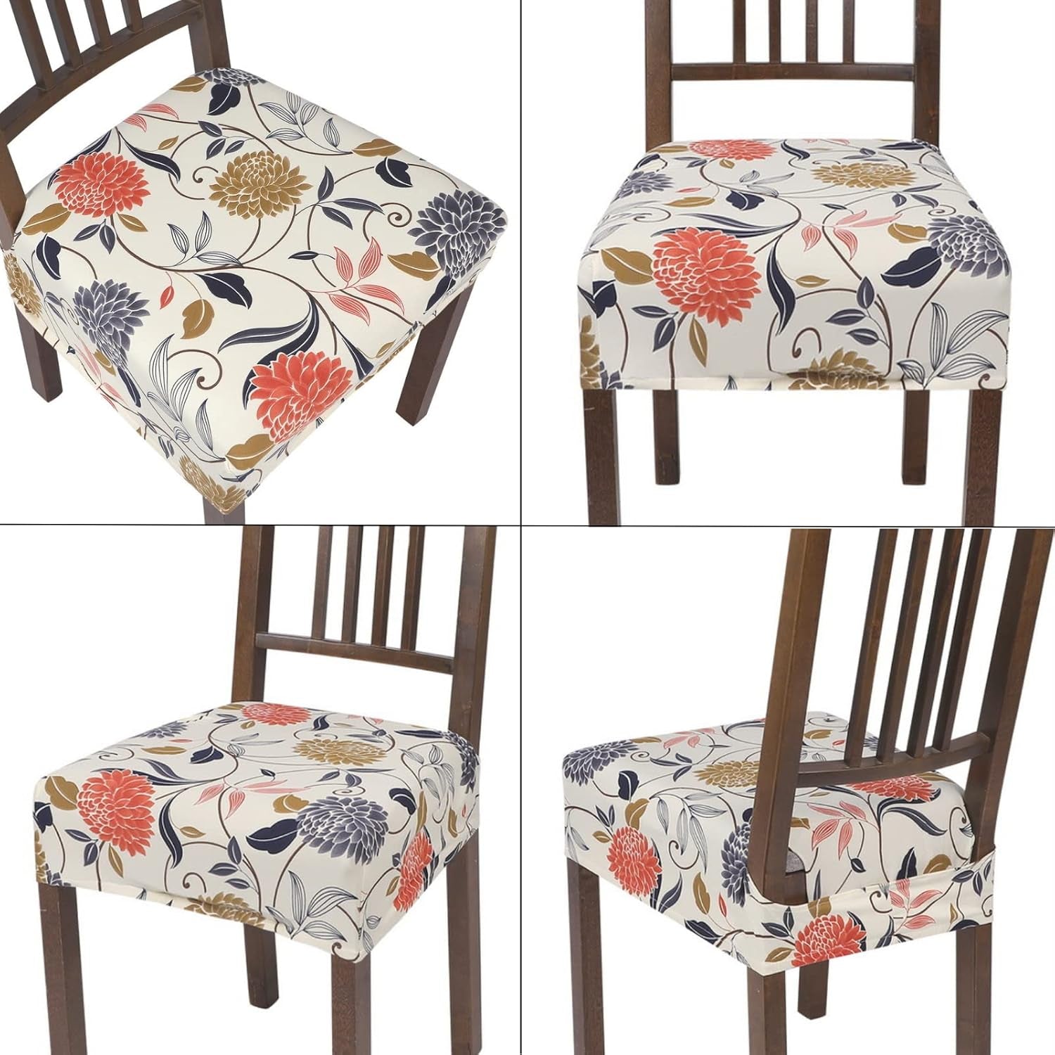 Stretch Dining Chair Seat Covers Set of 4, Soft Washable Seat Covers for Dining Chairs, Dining Room Seat Cover Protector (Rear-Covered, Orange Flowers)