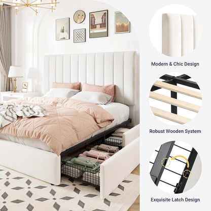 Queen Size Storage Bed Frame, Vertical Channel Tufted Adjustable Headboard, Velvet Upholstered Platform Bed with 4 Oversized Underbed Drawers, Wooden Slats Support, No Box Spring Needed, White