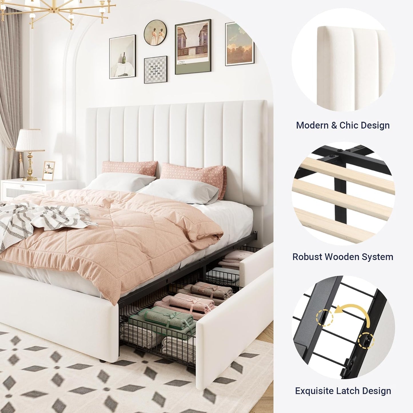 Full Size Storage Bed Frame, Vertical Channel Tufted Adjustable Headboard, Velvet Upholstered Platform Bed with 4 Oversized Underbed Drawers, Wooden Slats Support, No Box Spring Needed, White