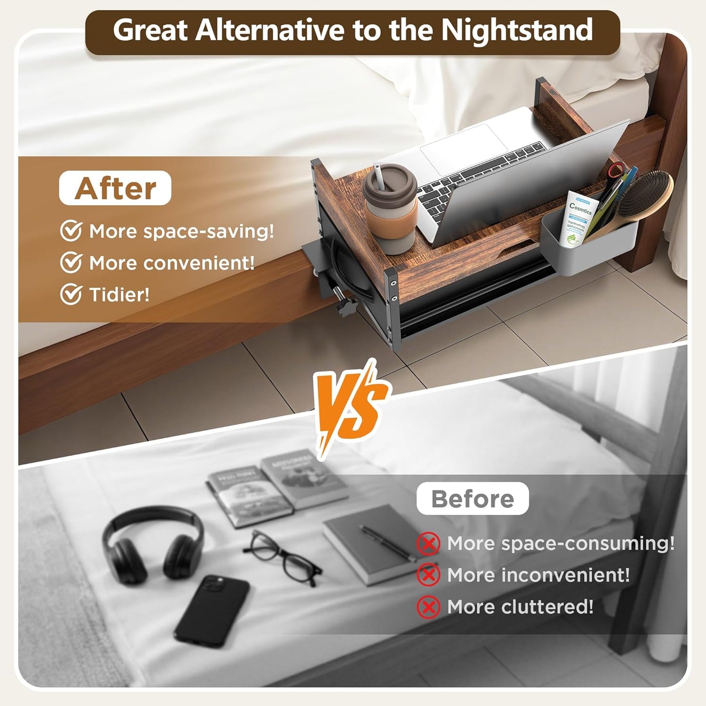 2 Tier Dorm Bed Shelf, Bedside Shelf for Dorm Top Bunk, Nightstand Bedside Table Tray with Fabric Drawer & Storage Box, Bunk Bed Shelf Bedside Tray with Cable Management for Dormitory