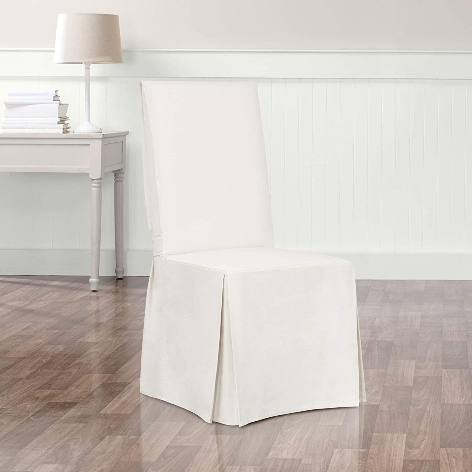 Home Decor Essential Twill Full Length Dining Room Chair One Piece Slipcover, Relaxed Fit, 100% Cotton, Machine Washable, White Color