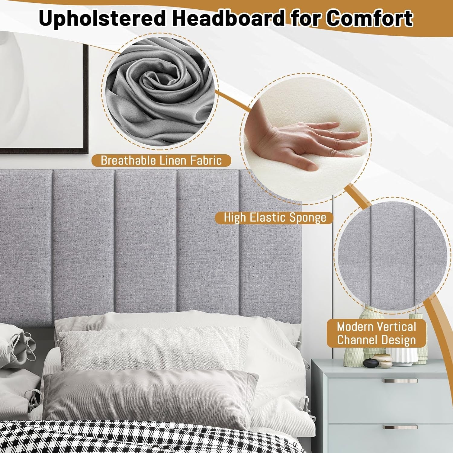 Linen Upholstered Headboard for Full & Queen Size Bed, Vertical Channel Tufted Rectangular Headboard with Solid Wood Legs & Adjustable Width, Padded Bed Backboard, Easy Assembly (Gray)