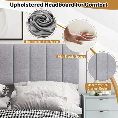 Linen Upholstered Headboard for Full & Queen Size Bed, Vertical Channel Tufted Rectangular Headboard with Solid Wood Legs & Adjustable Width, Padded Bed Backboard, Easy Assembly (Gray)