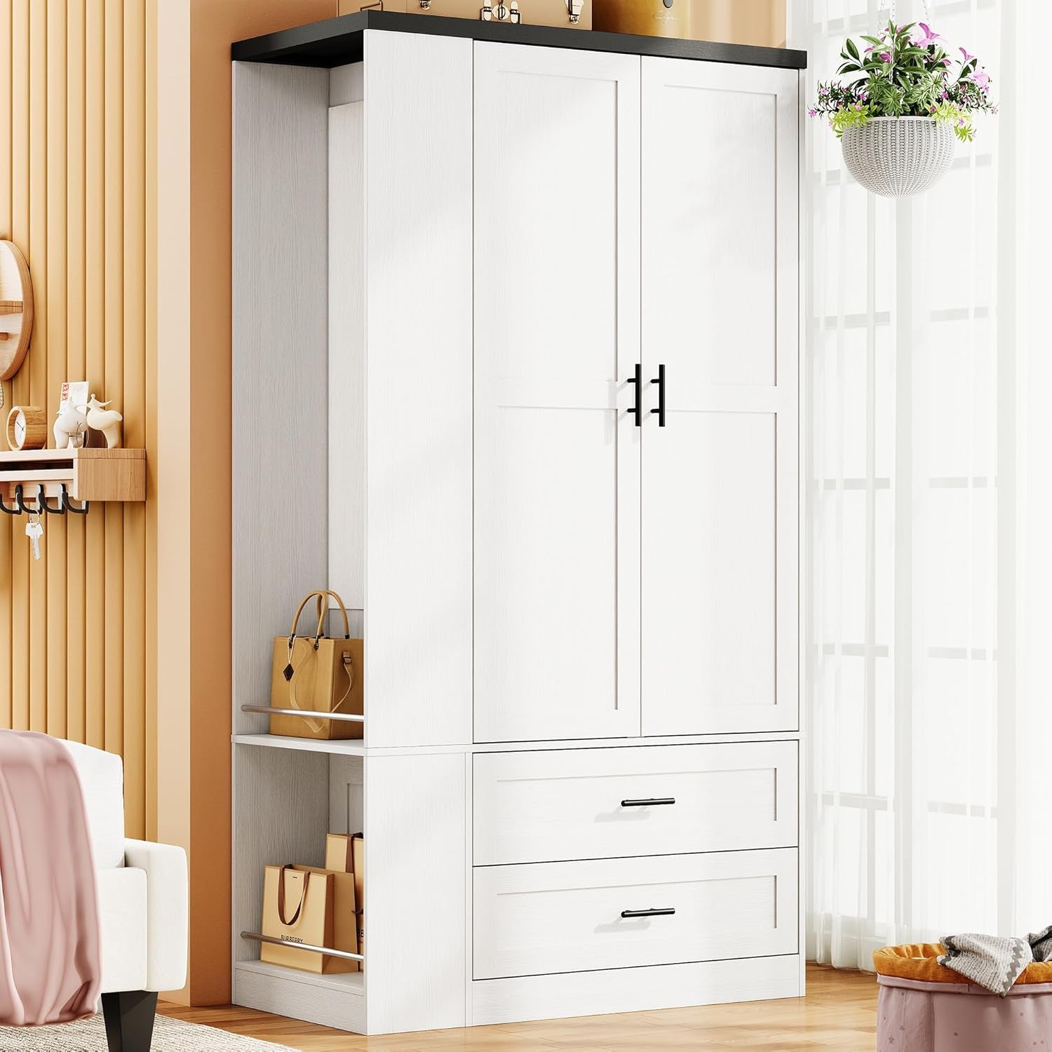 Armoire Wardrobe Closet with Large Mirror, Storage Cabinet with 2 Doors and 2 Drawers, 2 Storage Shelves, 70" Wardrobe Cabinet for Bedroom,White