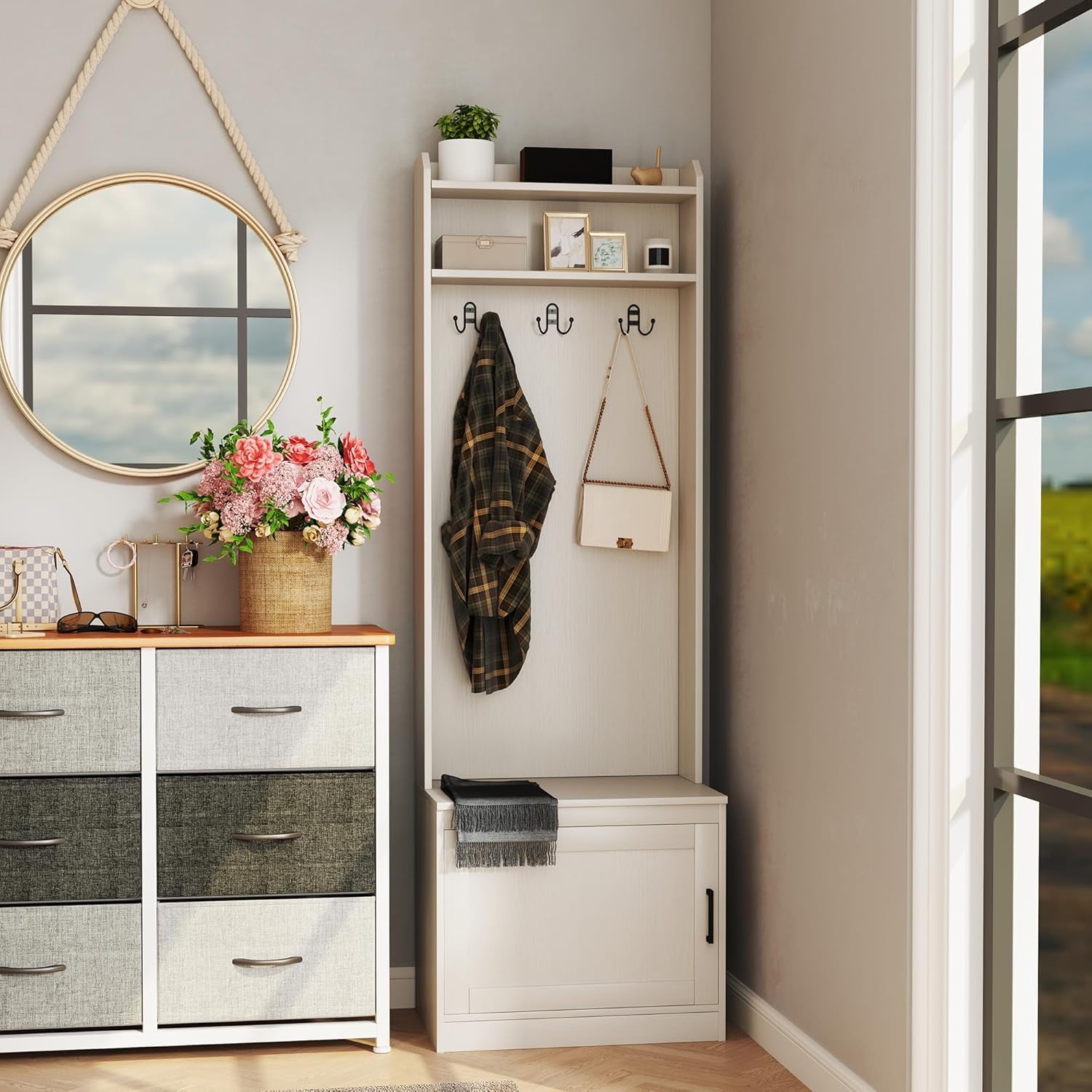 Narrow Hall Tree with Shoe Storage Bench, Rustic Entryway Bench with Coat Rack, Accent Coat Tree with Storage Shelves for Hallway, Mudroom, White Wood Grain