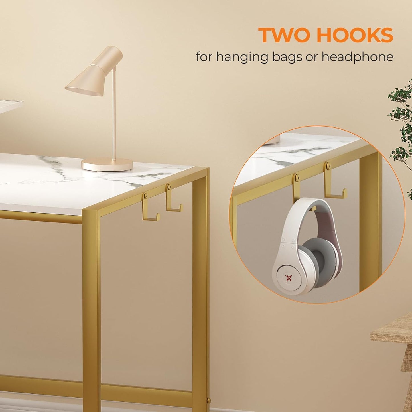 Computer Desk 67 Inch with Printer Shelf, Reversible Office Desk with Monitor Stand and 2 Hooks, Home Desk Workstation for Study Writing Working Gaming, Marble