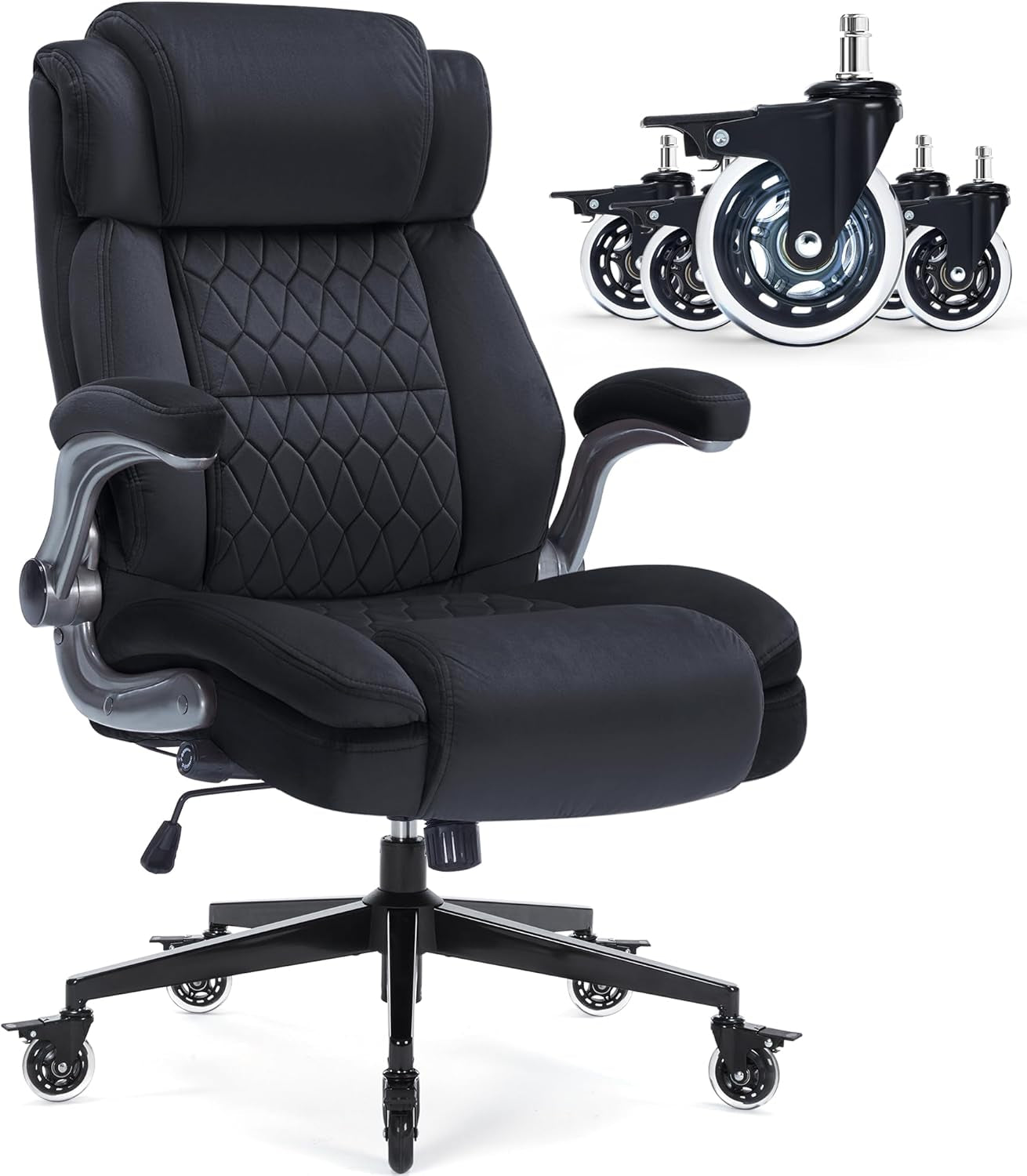 Fabric High Back Office Chair 400Lbs-Adjustable Built-In Lumbar Support，Flip Arms, Locking Wheels-Ergonomic Computer Desk Chair with Heavy Duty Base，Thick Padded Large Work Chairs for Adults Men Women