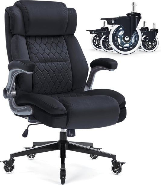 Fabric High Back Office Chair 400Lbs-Adjustable Built-In Lumbar Support，Flip Arms, Locking Wheels-Ergonomic Computer Desk Chair with Heavy Duty Base，Thick Padded Large Work Chairs for Adults Men Women
