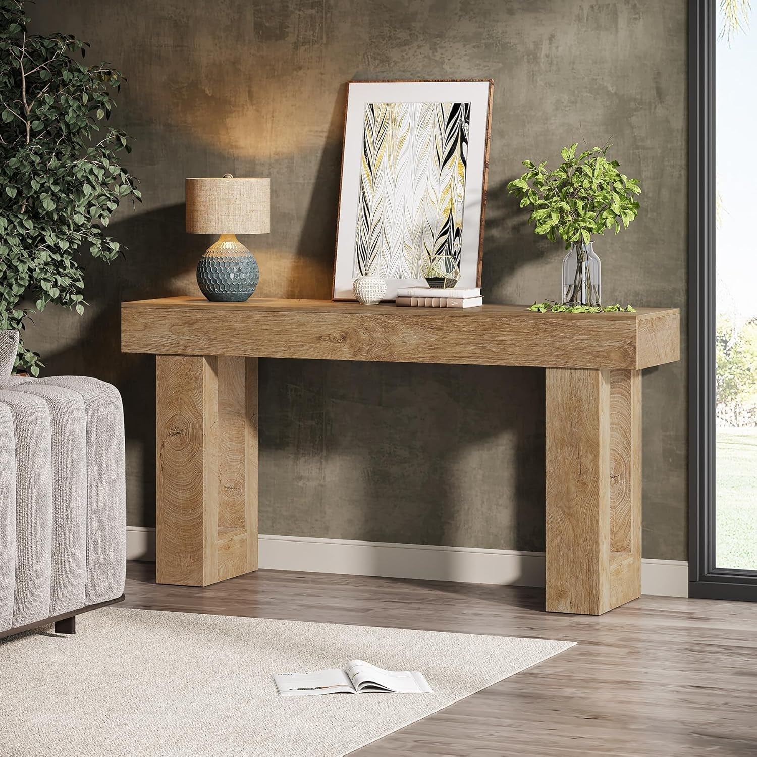 63-Inch Long Console Table, Wooden Rectangular Sofa Table behind the Couch, Farmhouse Entryway Table for Entrance, Hallway, Living Room (Natural)