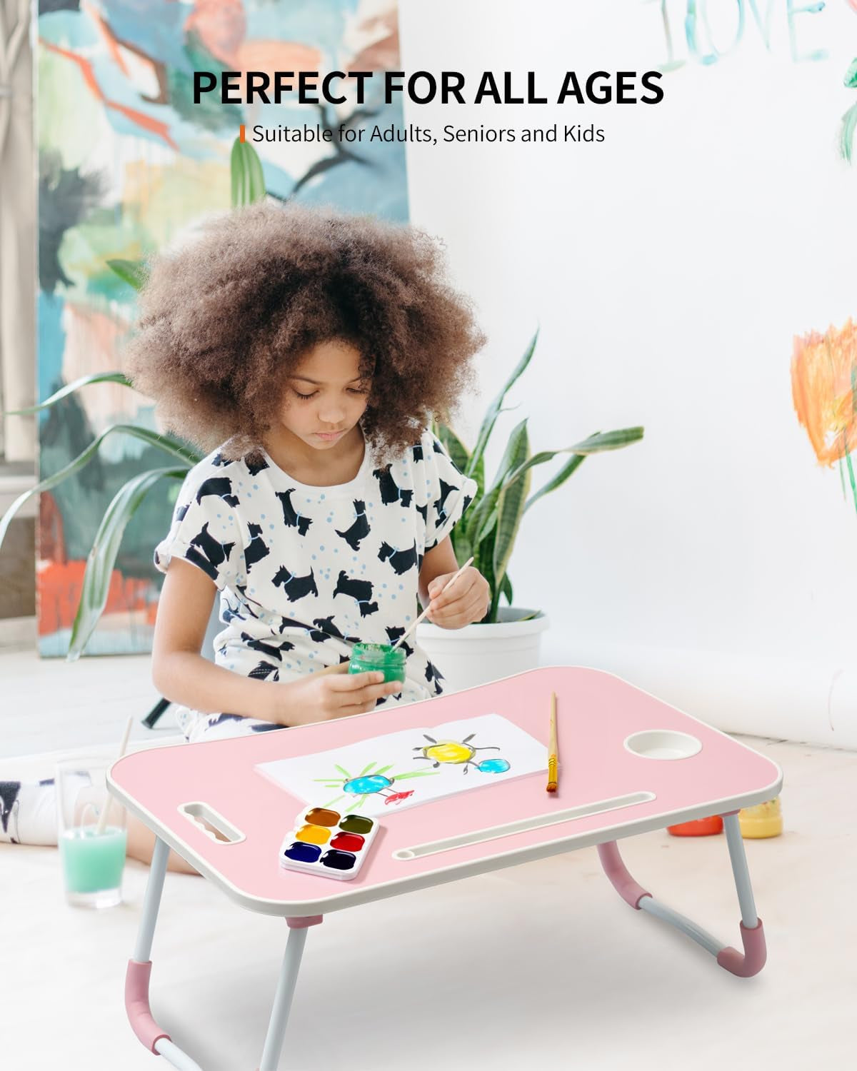 Foldable Laptop Table, Portable Lap Desk Bed Table Tray, Laptop Stand with Cup Holder & Tablet Slot & Lifting Handle for Working Writing Drawing & Eating (Pink)