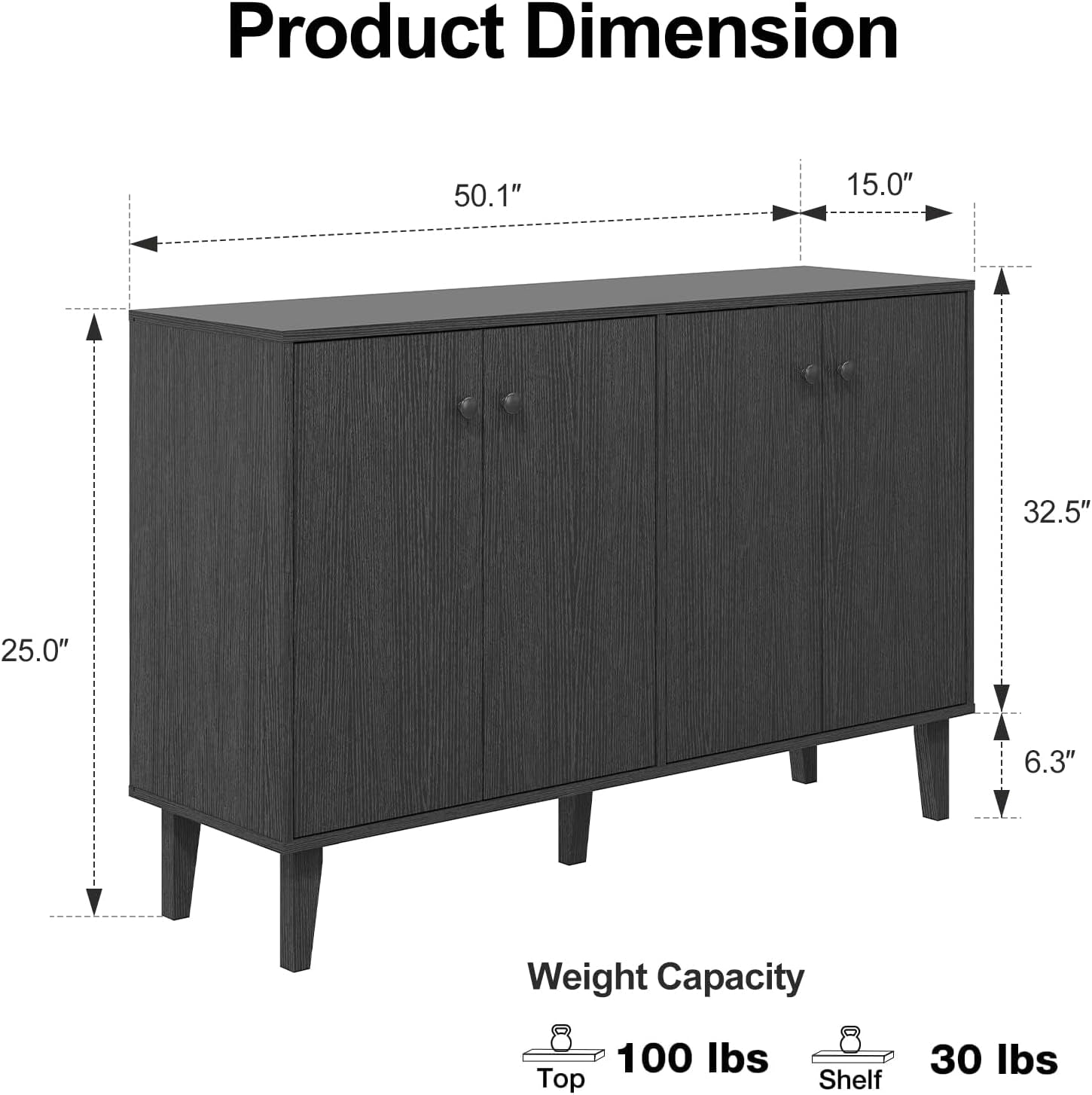 Sideboard Buffet Cabinet Kitchen Storage Cabinet Living Room 4 Doors Console Table (Black)