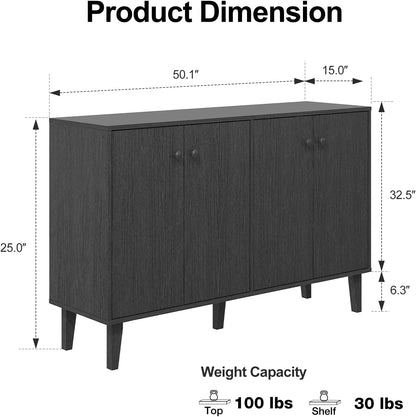 Sideboard Buffet Cabinet Kitchen Storage Cabinet Living Room 4 Doors Console Table (Black)