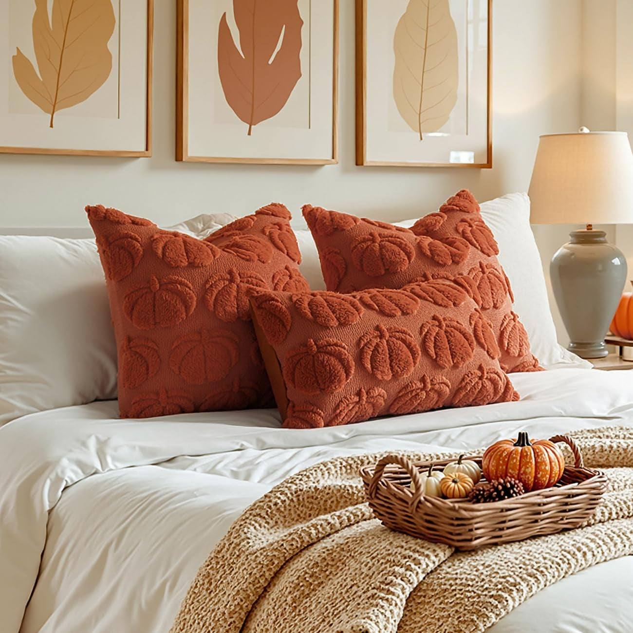 Fall Throw Pillow Covers 20X20 Set of 2 Autumn Decorations Rust Pumpkin Accent Pillowcase for Outdoor Porch Sofa Couch Bed Living Room Plush Faux Fur Halloween Farmhouse Home Decor