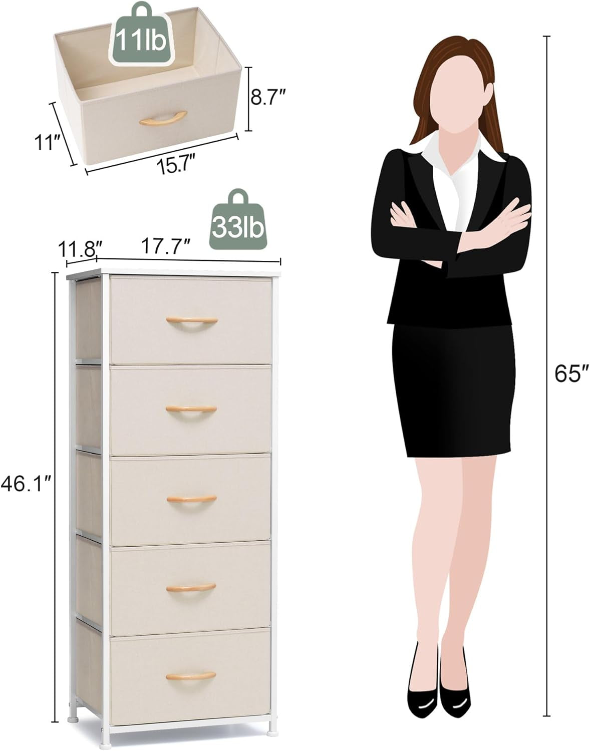 Vertical Dresser Storage Tower - Sturdy Steel Frame, Wood Top, Easy Pull Fabric Bins - Organizer Unit for Bedroom, Hallway, Entryway, Closets - 5 Drawers(Beige)