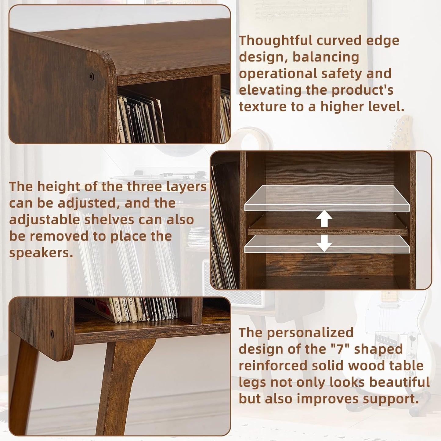 Record Player Stand with 4 Cabinet Holds up to 220 Albums, Large Turntable Stand with Beech Wood Legs, Mid-Century Record Player Table,Brown Vinyl Holder Storage Shelf for Bedroom Living Room