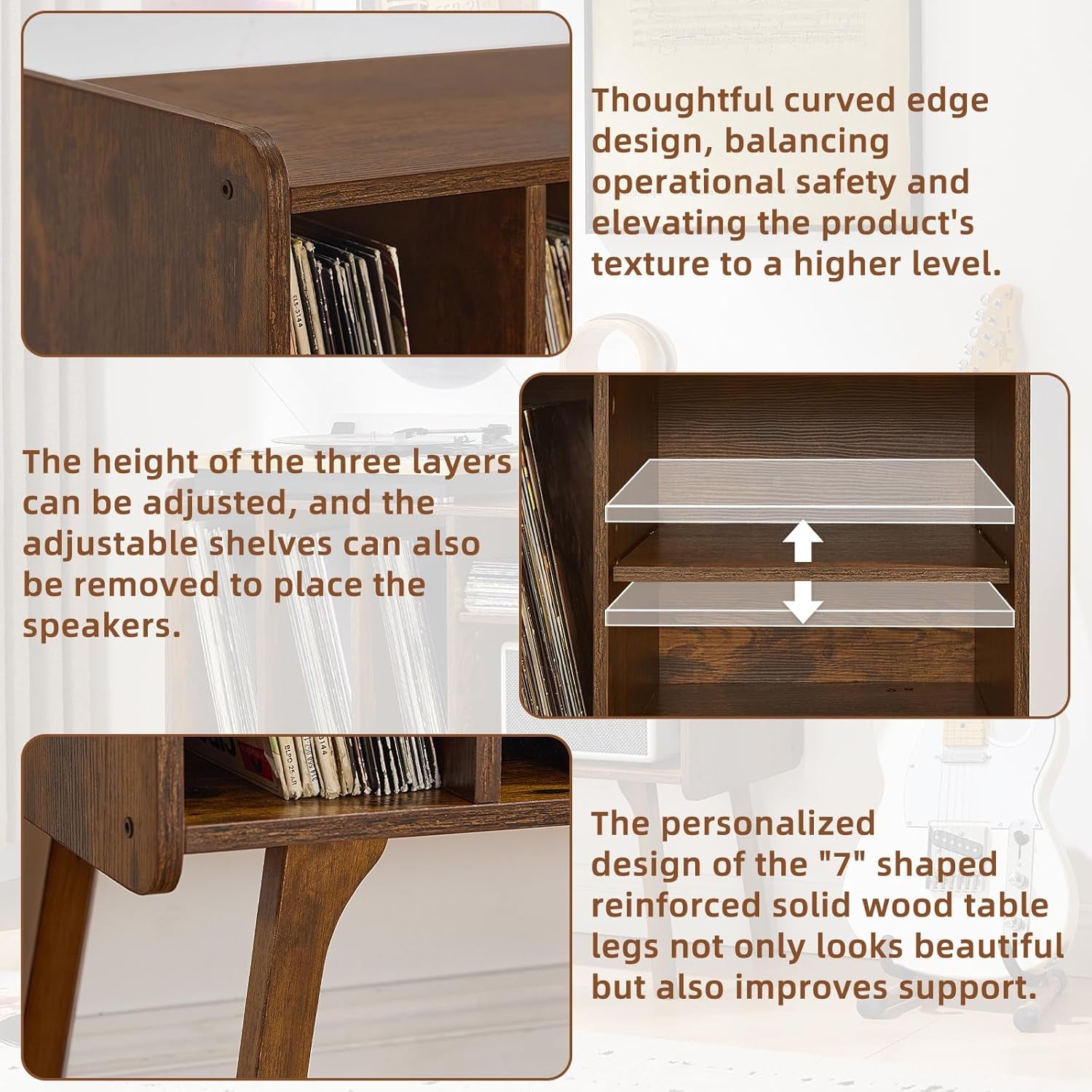 Record Player Stand with 4 Cabinet Holds up to 220 Albums, Large Turntable Stand with Beech Wood Legs, Mid-Century Record Player Table,Brown Vinyl Holder Storage Shelf for Bedroom Living Room