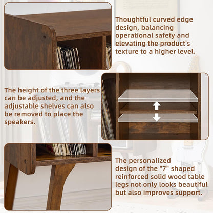 Record Player Stand with 4 Cabinet Holds up to 220 Albums, Large Turntable Stand with Beech Wood Legs, Mid-Century Record Player Table,Brown Vinyl Holder Storage Shelf for Bedroom Living Room