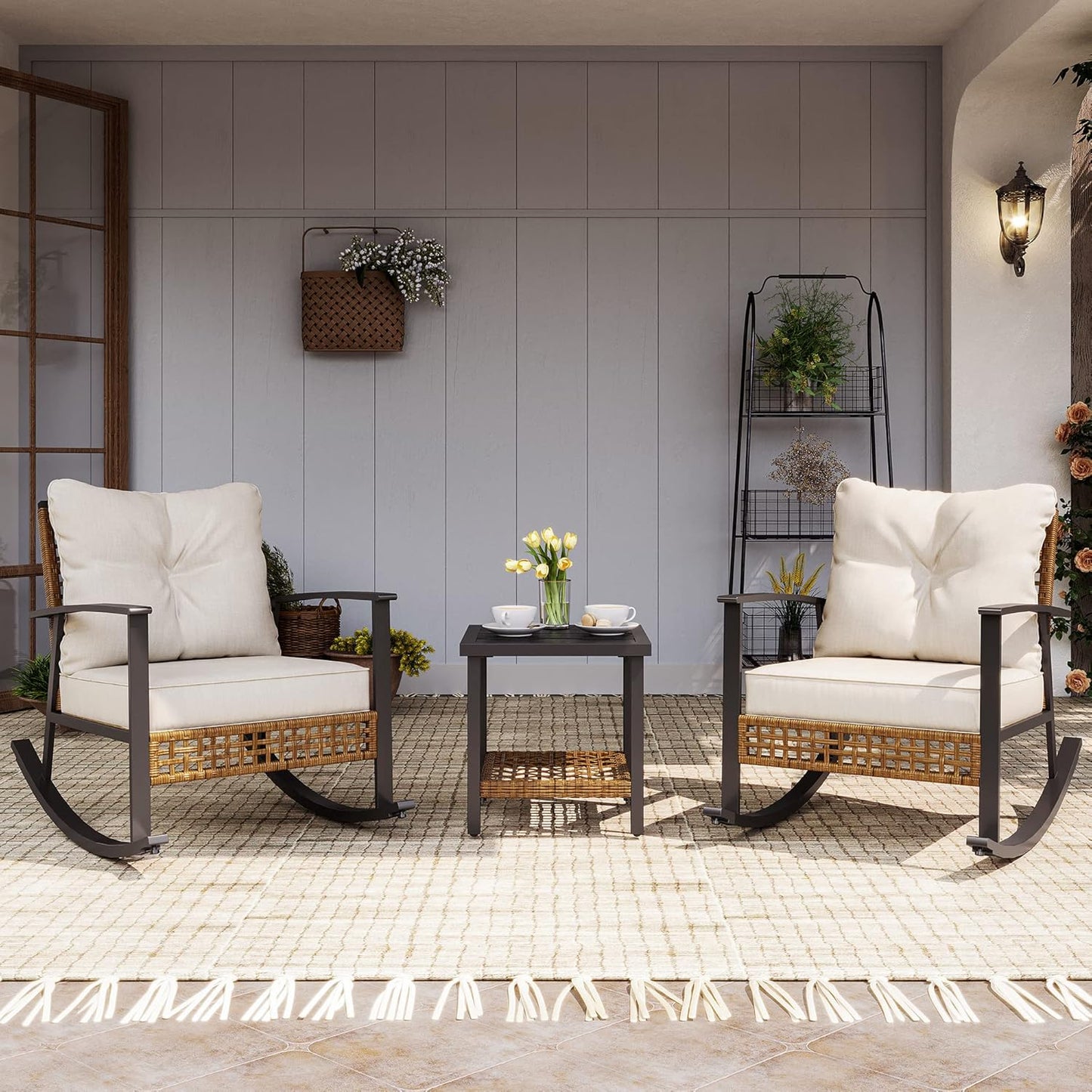 3-Piece Rocking Bistro Set, Outdoor Patio Furniture with Thick Cushions and 2-Tier Coffee Table, Oversize Rattan Conversation Set for Garden, Balcony, Backyard (Beige)