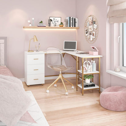 L Shaped Desk - Two-Toned Computer Desk with Drawers & Storage Shelves - Simple Modern Furniture & Home Office Space Corner Table for Work & Writing