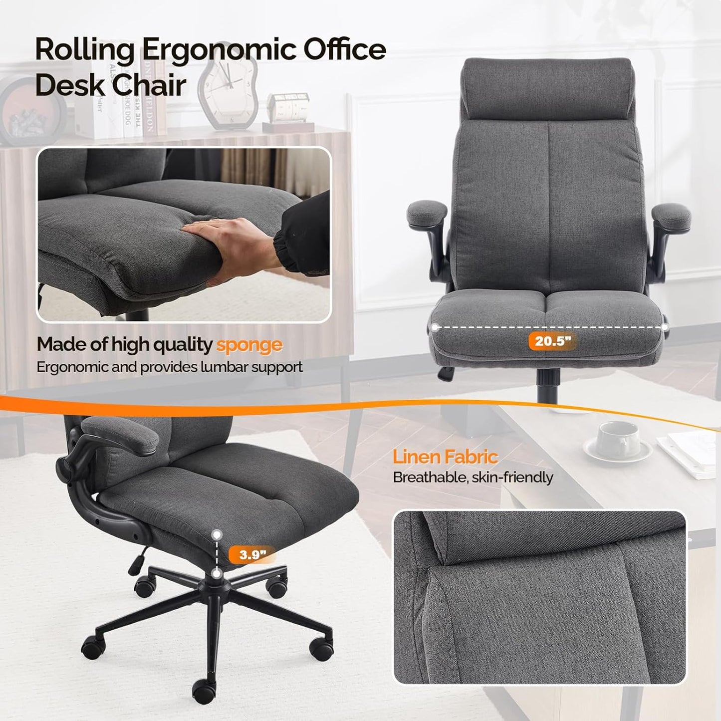 Rolling Ergonomic Office Desk Chair with Padded Flip-Up Arms, 360° Swivel High Back Executive Computer Task Chair with Wheels for Game，Home Small Space, Study Room, Reading Room, Linen Black