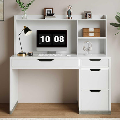 White Desk with Hutch and Drawers, 53 Inch Computer Desk with Storage File Drawer, White Study Desk with 4 Drawers for Bedroom, Small Space