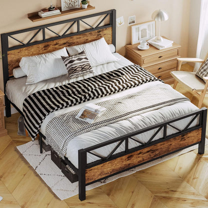 Queen Bed Frame, Tall Industrial Headboard 51.2 ", Platform Bed Frame with Strong Metal Support, Solid and Stable, Noise Free, No Box Spring Needed, Easy Assembly, Vintage Brown