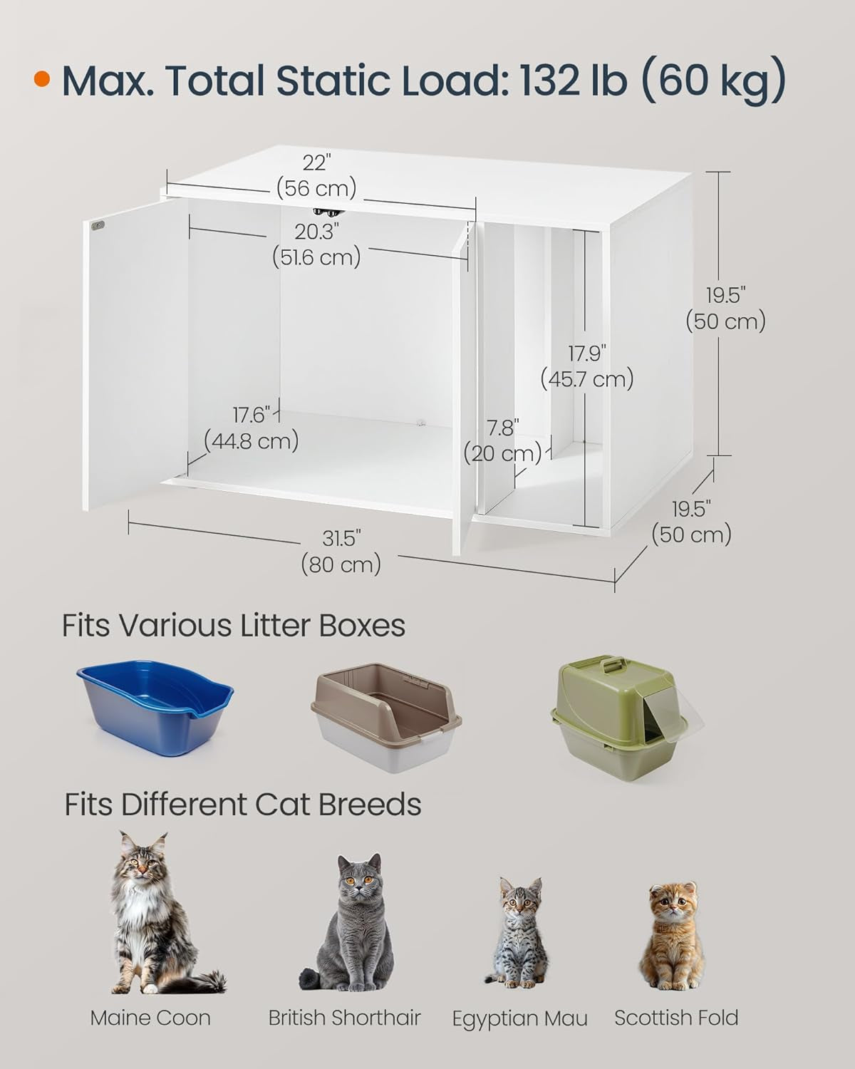 Cat Litter Box Enclosure, Superfast Toolless Assembly, Litter Box Furniture for Large Cats, Display Side Table, Push-To-Open Doors, Minimalist Modern, Snow White UPCL013W01