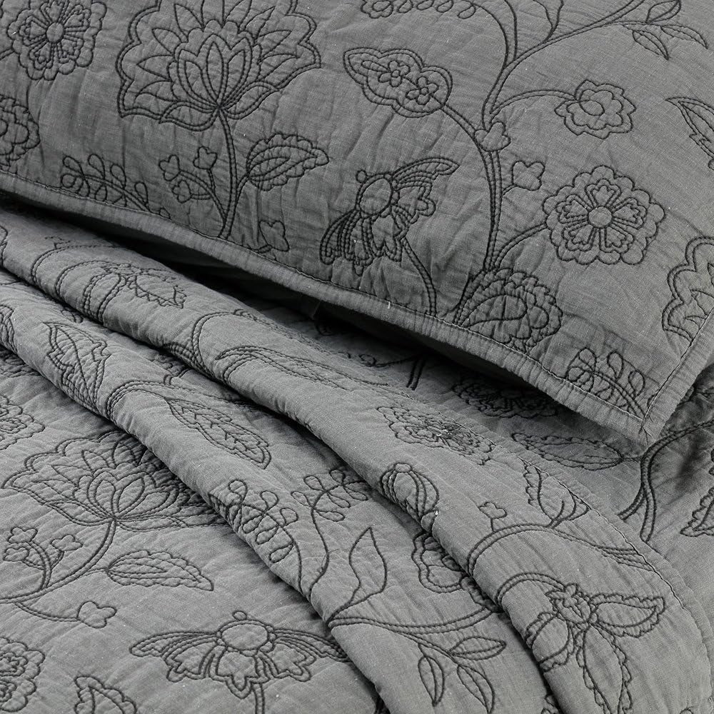 Cotton Vintage Embroidered King Pillow Sham, 20'' X 36'', Gray, 1 Piece