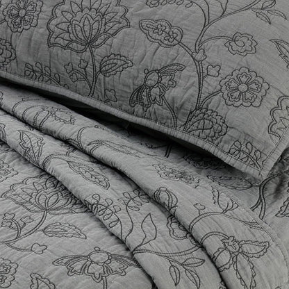 Cotton Vintage Embroidered King Pillow Sham, 20'' X 36'', Gray, 1 Piece
