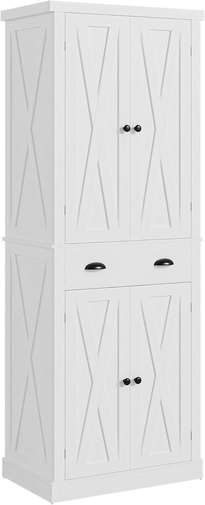 Kitchen Pantry Storage Cabinet 72.6" H X 24" W, with Barn Doors, Drawer, 4 Adjustable Shelves, Freestanding Cupboard, Laundry, White