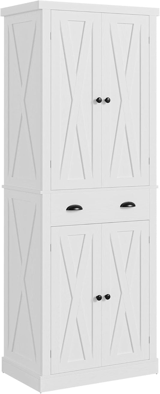 Kitchen Pantry Storage Cabinet 72.6" H X 24" W, with Barn Doors, Drawer, 4 Adjustable Shelves, Freestanding Cupboard, Laundry, White