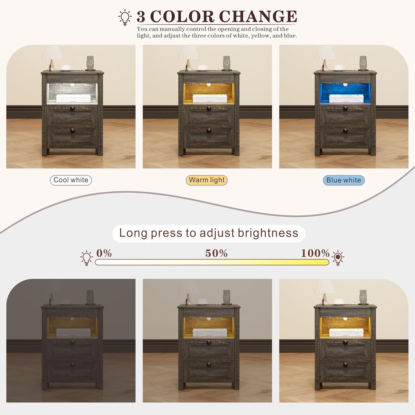 Nightstands Set of 2 with Gun Drawer, Farmhouse Bedside Table with Charging Station, Gun Night Stand with LED Light & Human Sensor, Smart End Table for Bedroom, Rustic Brown