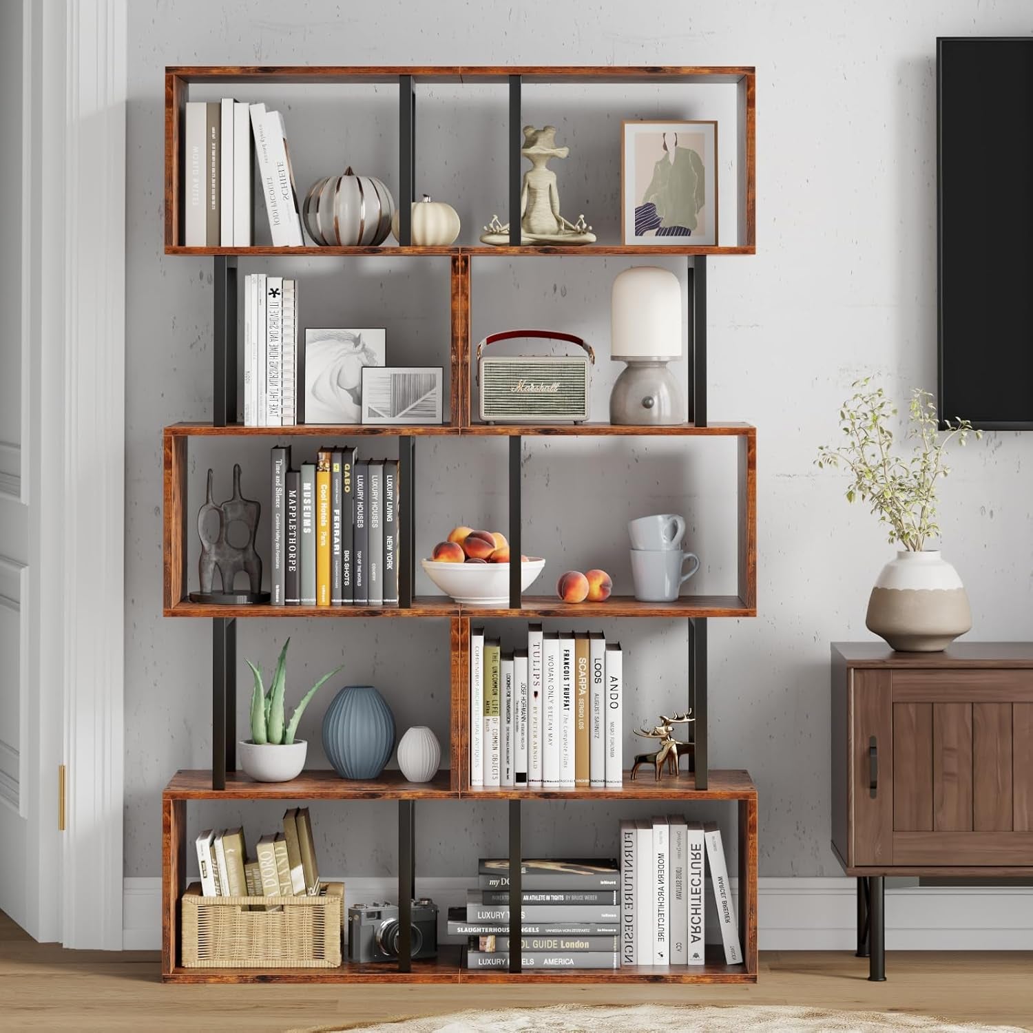 6 Tier Bookshelf, Tall S Shaped Geometric Bookcase, Modern Display Shelf Standing Unit, Wood Metal Decorative Divider Rack for Living Room Bedroom Office, Rustic Brown
