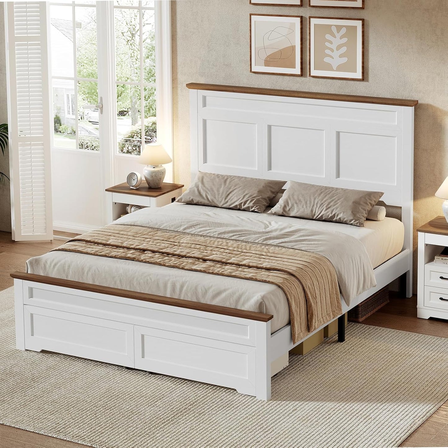 Farmhouse Full Size Bed Frame with 51.2" Tall Headboard & Footboard, Wooden Platform Bed Frame with Large Storage Drawers, No Squeak, No Box Spring Needed, White and Walnut