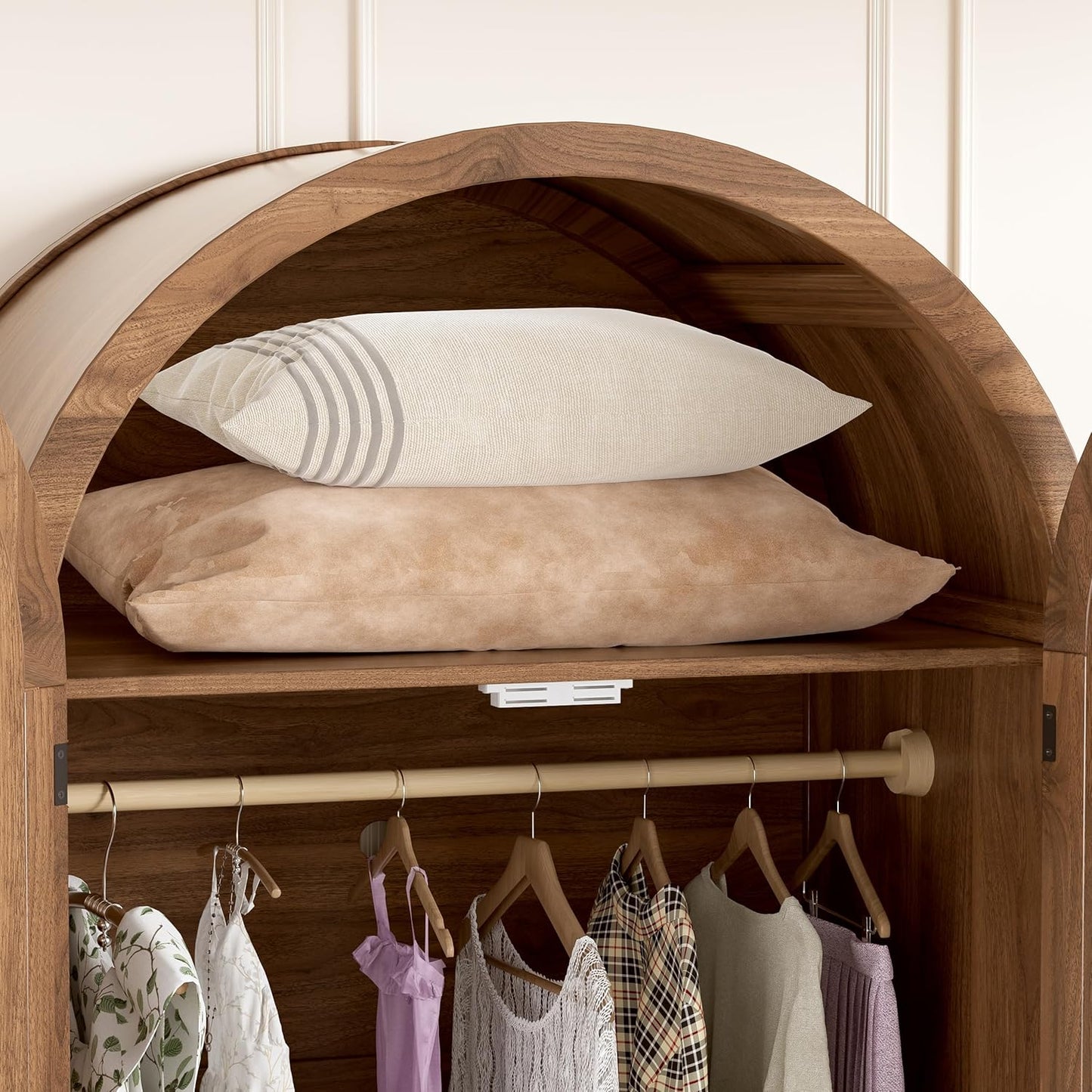Armoire Wardrobe Closet with Drawers and 2 Arched Fluted Doors, 70.9‘’ Tall Wooden Bedroom Armoires with LED Light & Shelves and Hanging Rod(Brown)