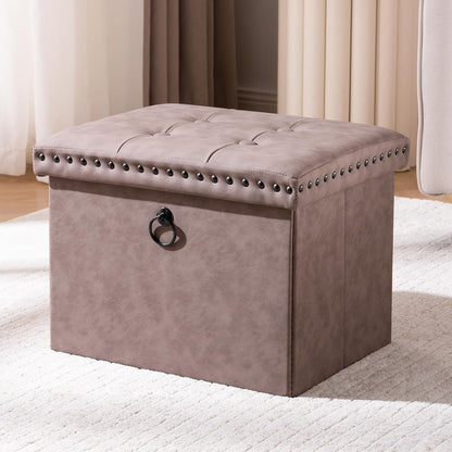 16 Inches Folding Cube Storage Ottoman, Small Leather Foot Rest Stool with Button Tufted Rivet Design, Footstool Bench, Ottoman with Storage for Living Room, Coffee Table 242 Lbs, Oak Brown