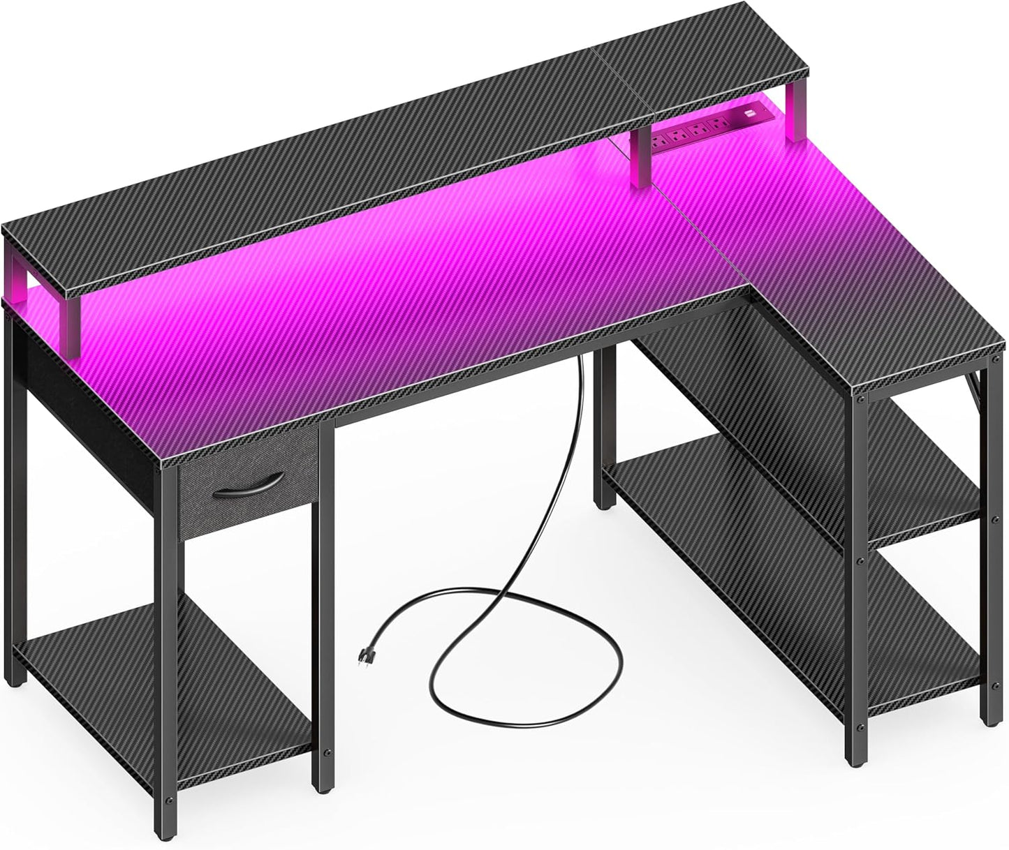 47 Inch Reversible L Shaped Desk with LED Lights & Power Outlets, Computer Desk with Shelves & Monitor Stand, Gaming Desk with Drawer, Home Office Desk Corner Desk, Carbon Fiber Black
