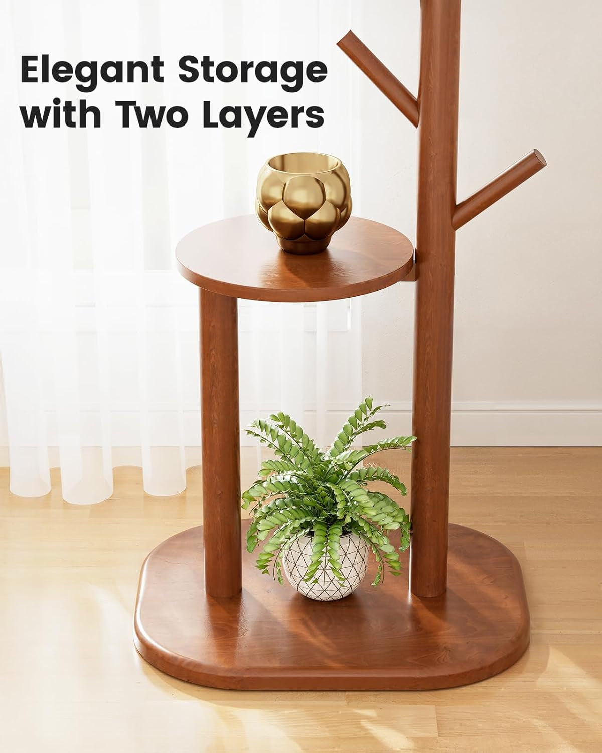 Coat Rack, Freestanding Hall Tree with 8 Hooks & Storage Shelf, Solid Wood Base, 66.3″ Tall Coat Rack Stand for Coats, Hats, Bag in Entryway, Bedroom, Living Room, Brown, PIFCR11BN