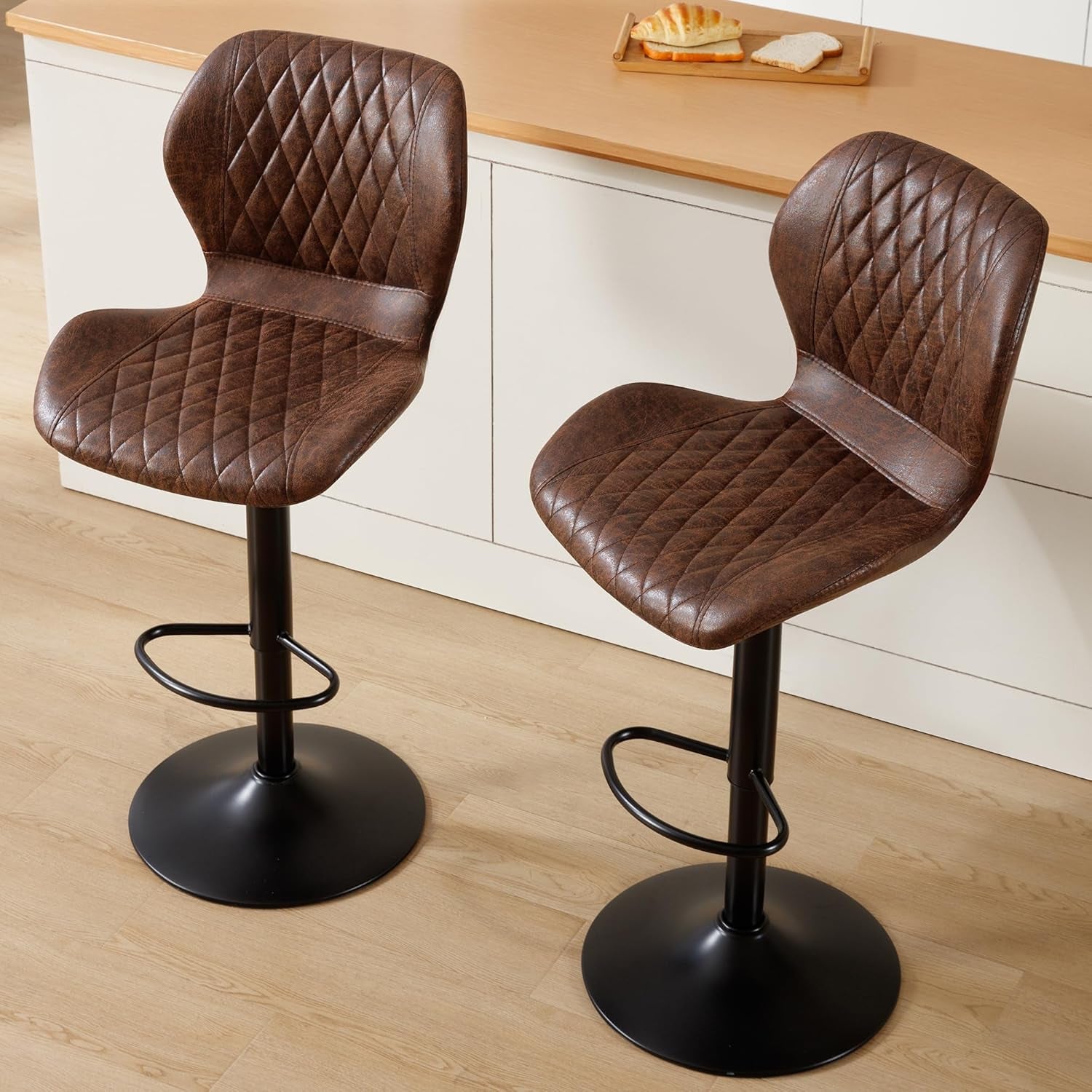 Bar Stools Set of 2, Modern Swivel Counter Height Barstools for Kitchen Island Chairs, Adjustable Faux Leather Bar Stools with Back for Kitchen Counter Bar, Brown