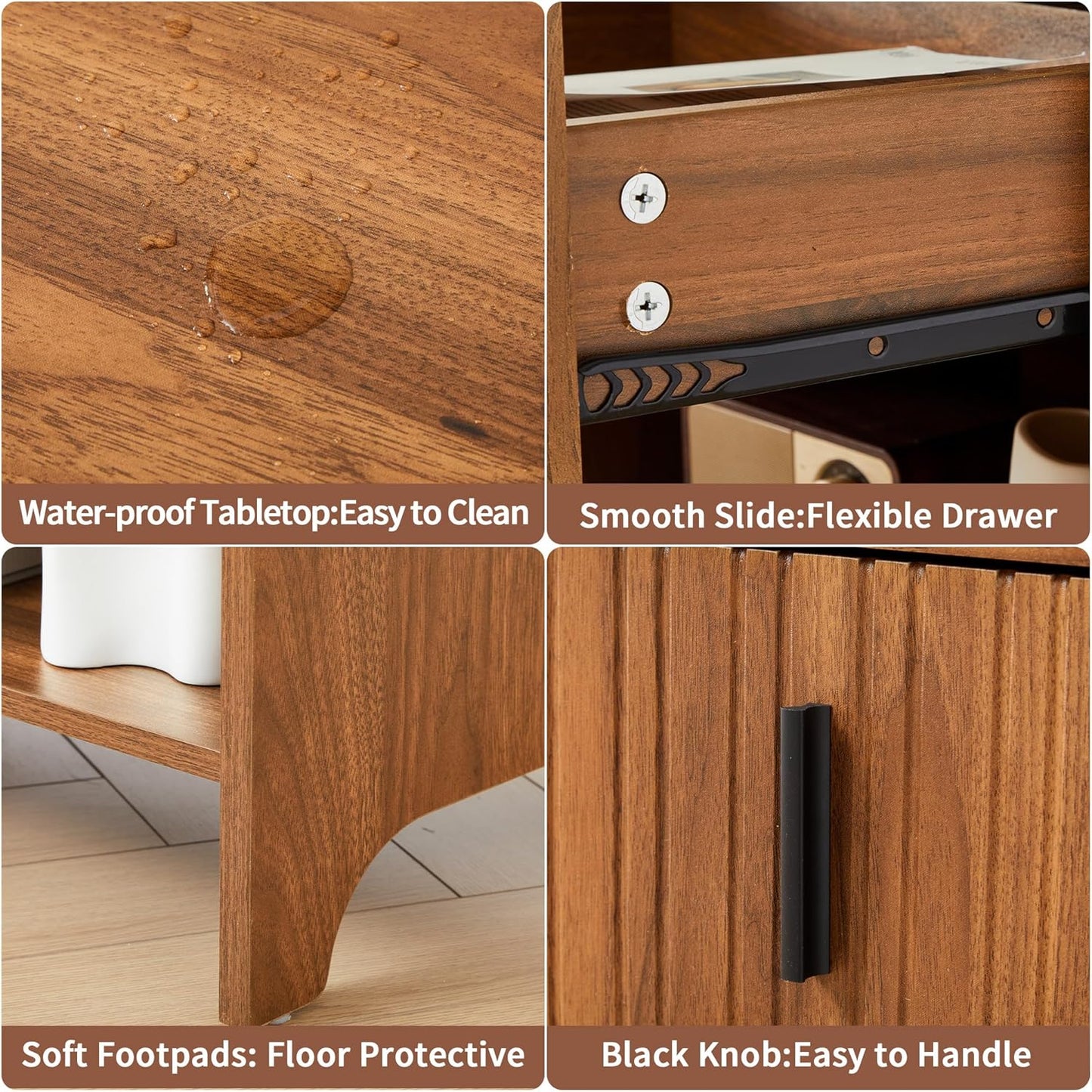 Fluted Night Stand Set of 2, Modern Nightstand Curved Profile, Drawer and Open Shelf - Bedside Table Wood Side Table Set for Bedroom (Walnut-2 Nightstands)