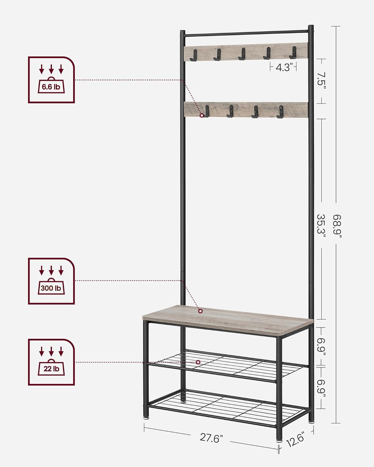 Coat Rack, Hall Tree with Shoe Storage Bench, Entryway Bench with Shoe Storage, 3-In-1, Steel Frame, for Entryway, 12.6 X 27.6 X 68.9 Inches, Industrial, Charcoal Gray UHSR041B01
