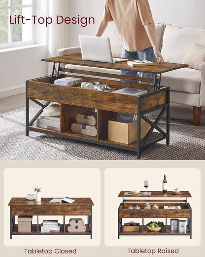 Lift Top Coffee Table, Lift Coffee Table with Storage Shelf, Hidden Compartments and Lifting Top, for Living Room, Office, 19.7 X 47.2 X (19.3-24.4) Inches, Rustic Brown and Black ULCT212B01