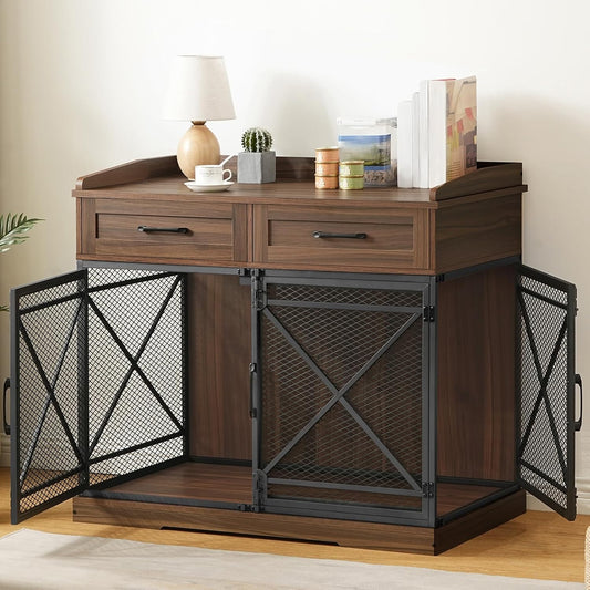 Heavy Duty Dog Crate Furniture, 39.4” Dog Kennel with Drawers, Wooden Dog Cage Indoor Side End Table for Medium Large Dogs, Triple Door Design, Walnut and Black WL106GW03