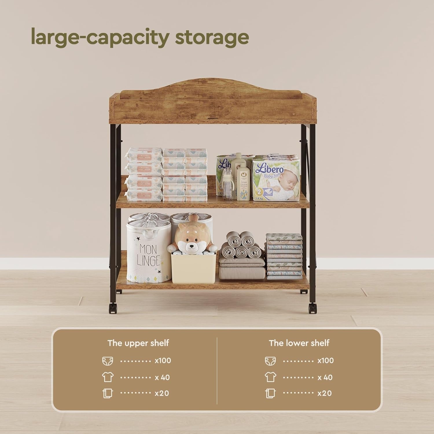 Baby Changing Table, Diaper Changing Station with Pad and Wheels, Two-Tier Open Storage Shelves, Waterproof Diaper Pad & Safety Strap,Compact Baby Furniture for Nursery, Rustic Brown